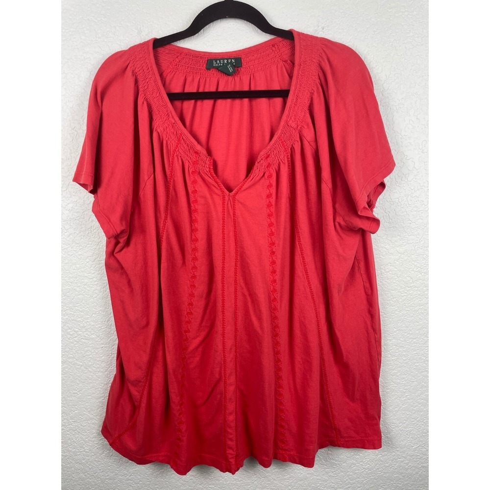 Lauren Ralph Lauren Top Womens 2X Red Embroidered Short Sleeve Boho Blouse